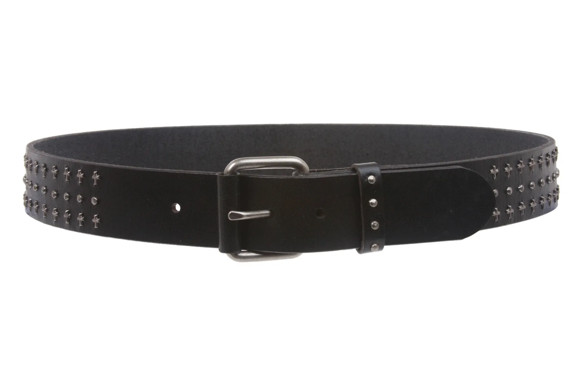 1 1/2" Snap On Riveted Chritian Religious Cross and Circle Studded Leather Belt