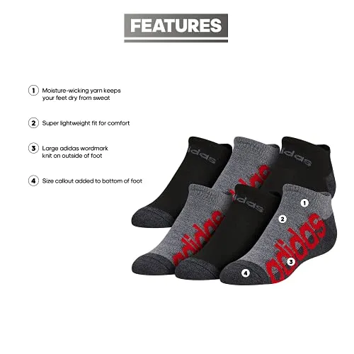 adidas Kids-Boy's/Girl's Superlite No Show Socks (6-Pair), Onix Grey/Black/Scarlet Red , Large