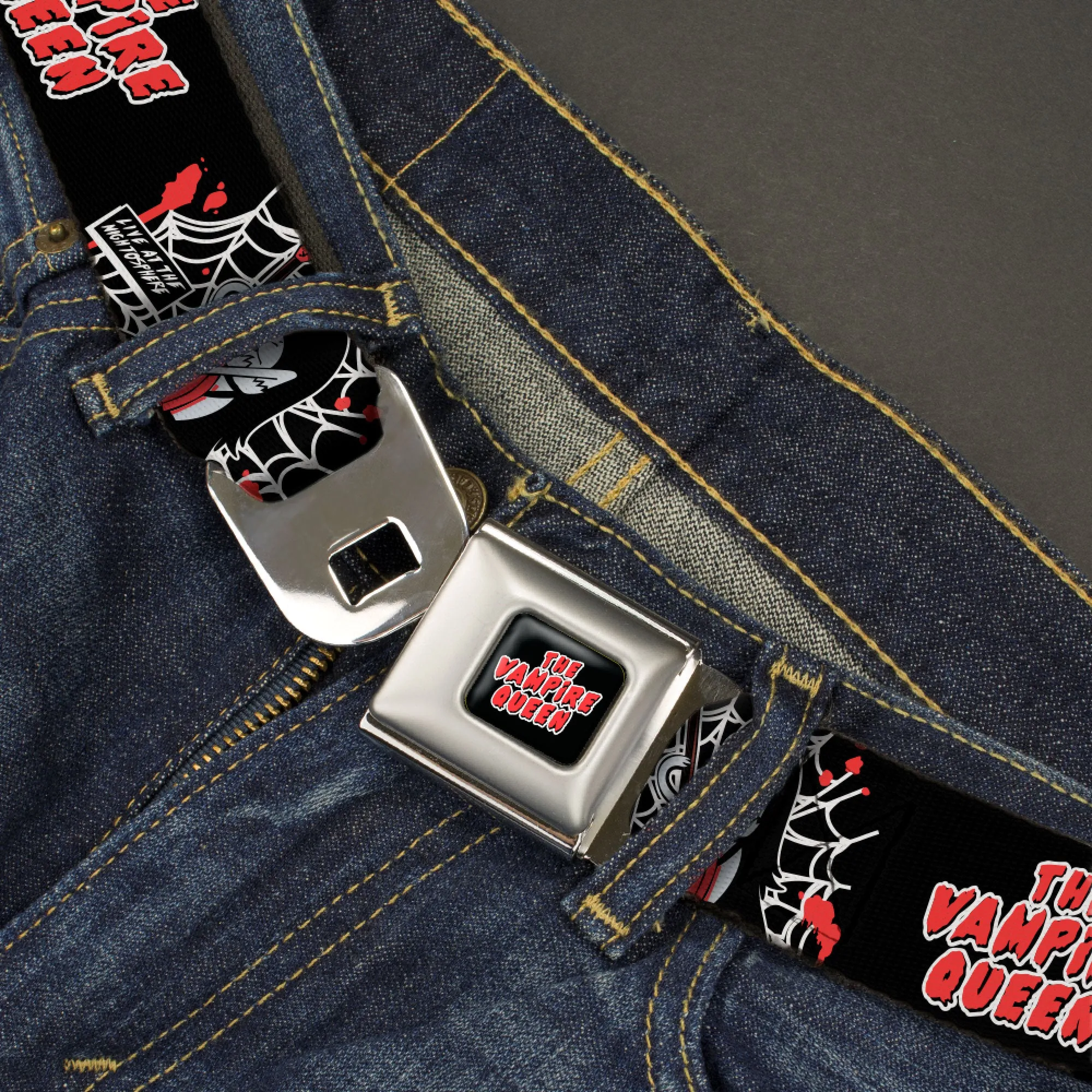 Adventure Time Marceline THE VAMPIRE QUEEN Title Logo Full Color Black/White/Red Seatbelt Belt - Adventure Time Marceline THE VAMPIRE QUEEN Web Pose Black/White/Red Webbing