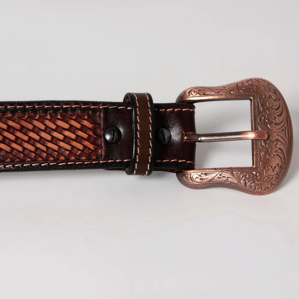BAR H EQUINE Floral Basket Hand Tooled Western Leather Men And Women Belt Brown