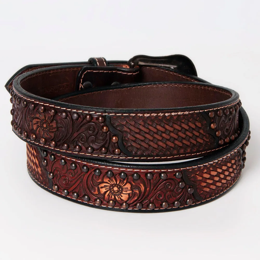 BAR H EQUINE Floral Basket Hand Tooled Western Leather Men And Women Belt Brown