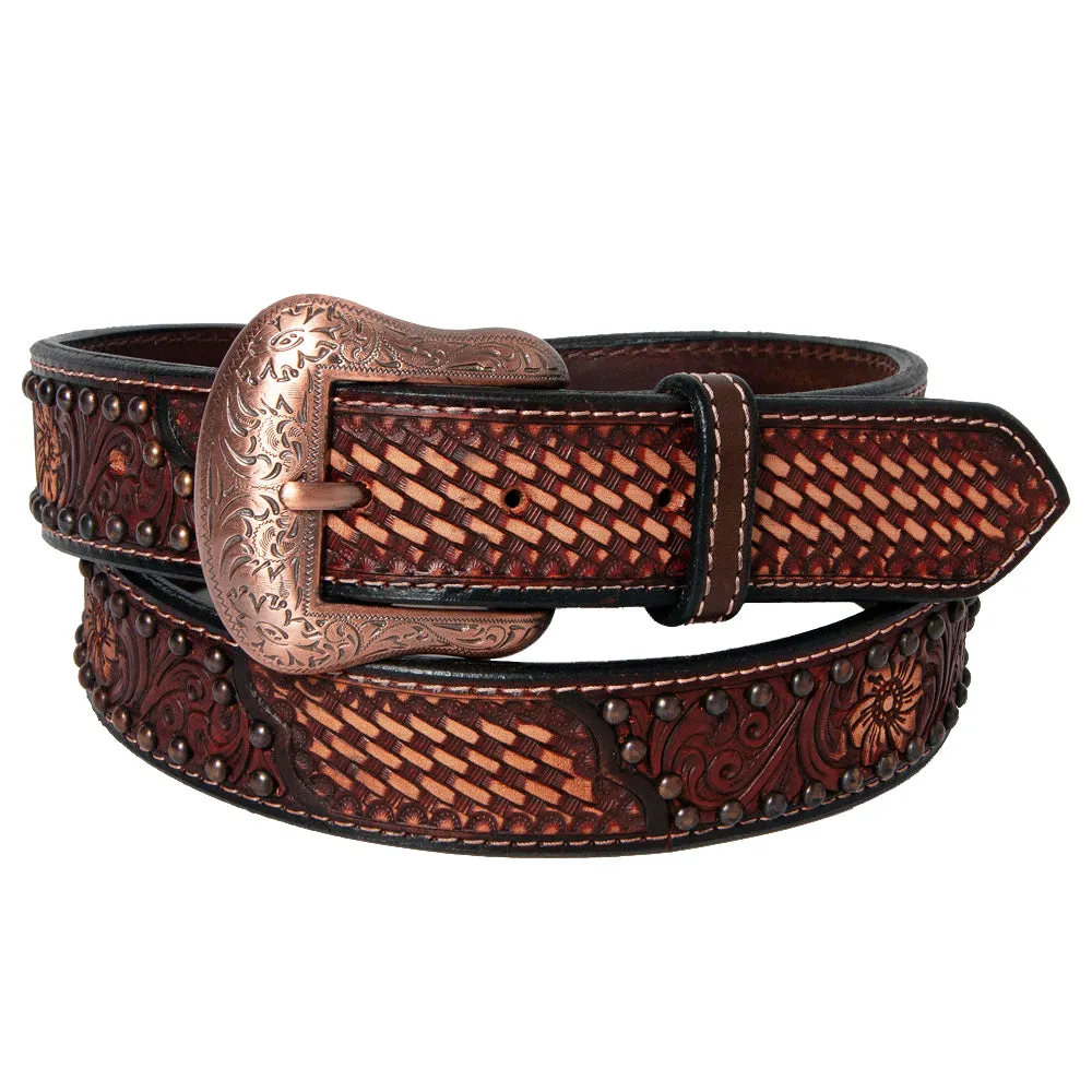 BAR H EQUINE Floral Basket Hand Tooled Western Leather Men And Women Belt Brown