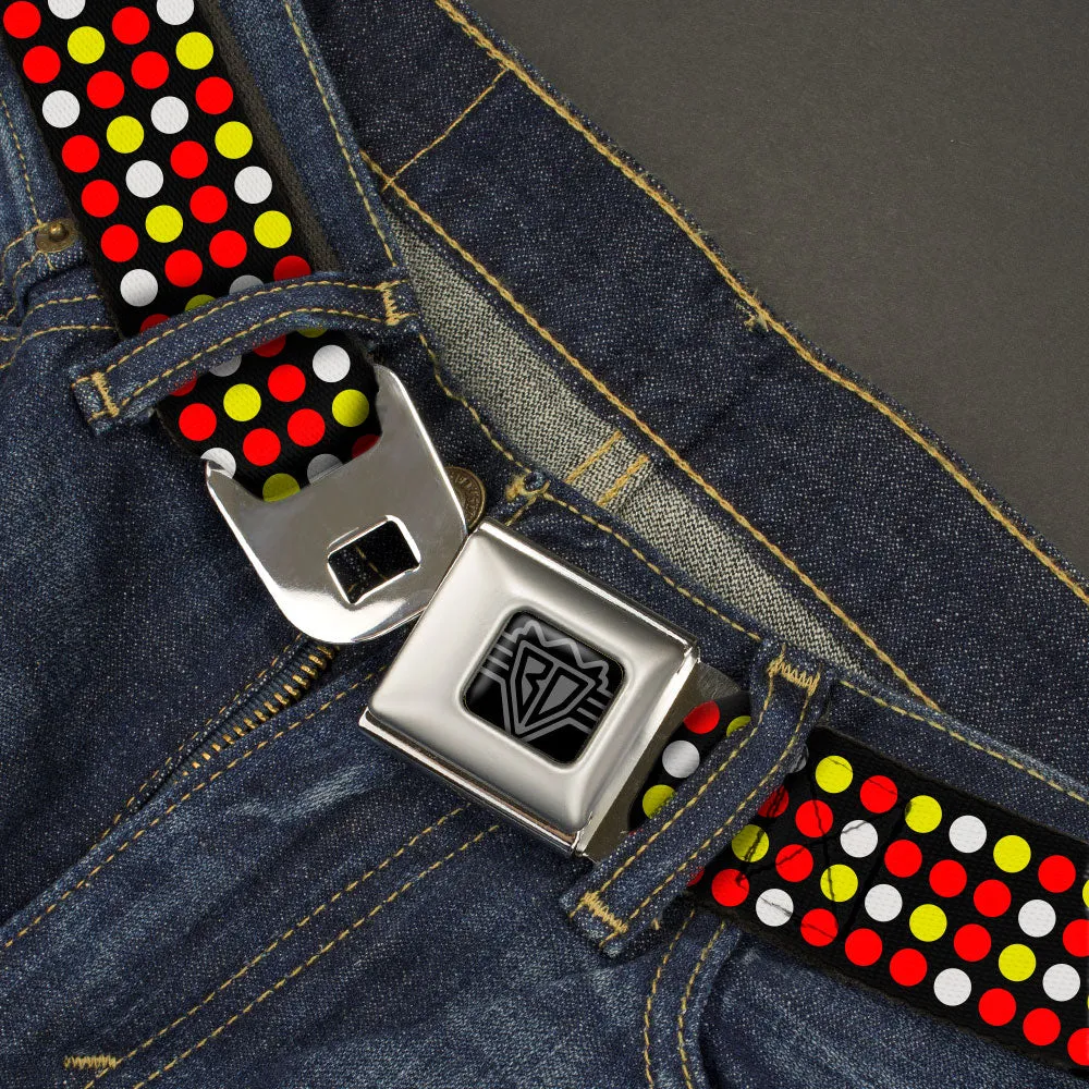 BD Wings Logo CLOSE-UP Black/Silver Seatbelt Belt - Mini Polka Dots Black/White/Fluorescent Orange/Pink/Yellow Webbing