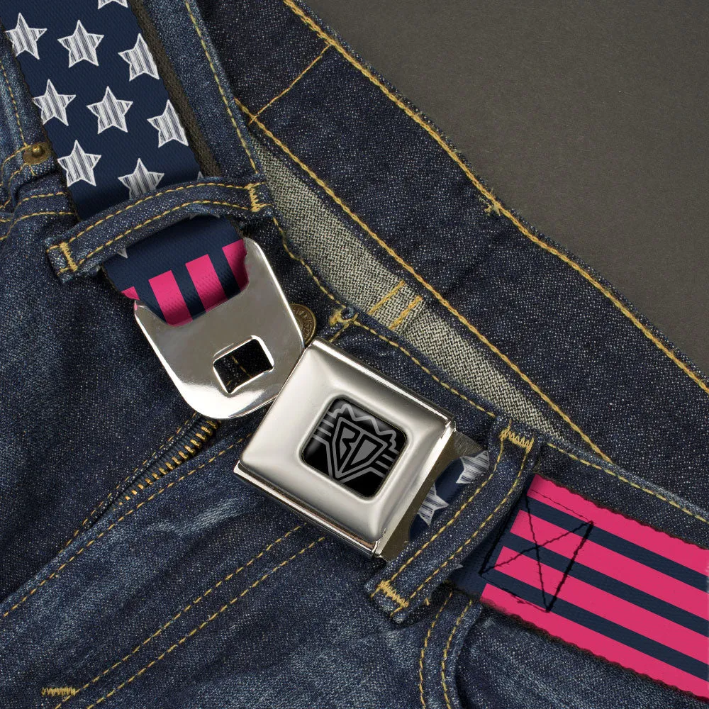 BD Wings Logo CLOSE-UP Black/Silver Seatbelt Belt - Stars & Stripes2 Blue/White/Pink Webbing