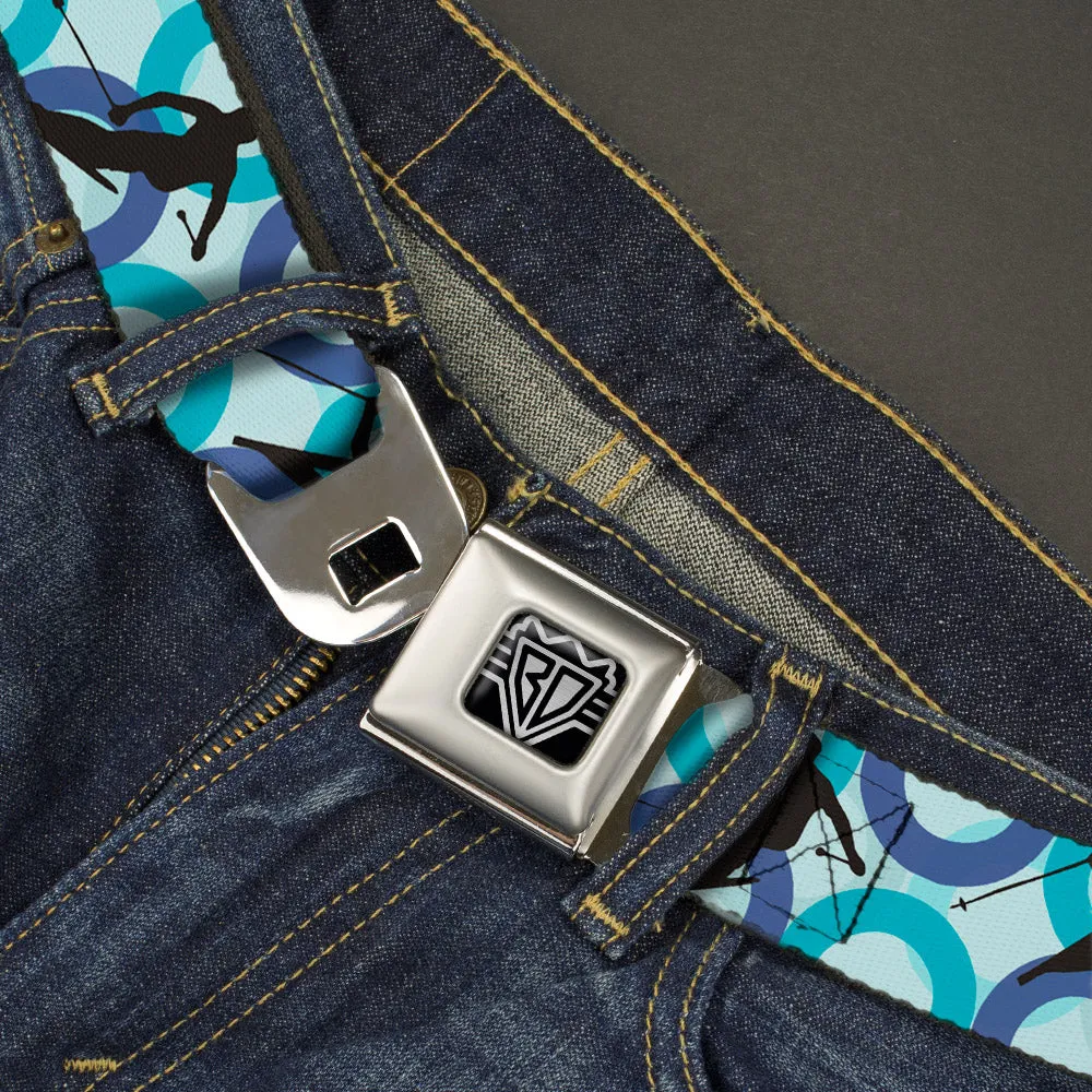 BD Wings Logo CLOSE-UP Full Color Black Silver Seatbelt Belt - Action Ski Pose Silhouettes/Rings Blues/Black Webbing