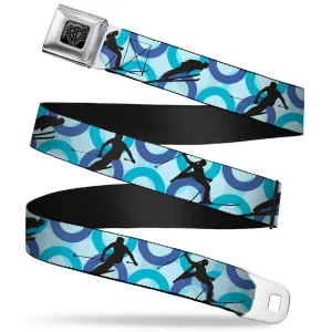 BD Wings Logo CLOSE-UP Full Color Black Silver Seatbelt Belt - Action Ski Pose Silhouettes/Rings Blues/Black Webbing