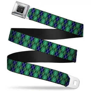 BD Wings Logo CLOSE-UP Full Color Black Silver Seatbelt Belt - Argyle Green/Navy/Green/White Webbing