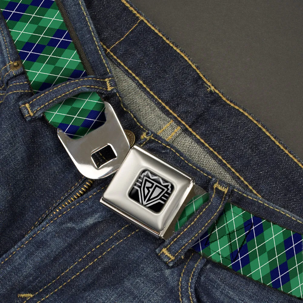 BD Wings Logo CLOSE-UP Full Color Black Silver Seatbelt Belt - Argyle Green/Navy/Green/White Webbing