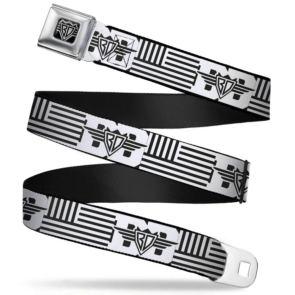 BD Wings Logo CLOSE-UP Full Color Black Silver Seatbelt Belt - BD Logo/American Stripe Flag White/Black Webbing