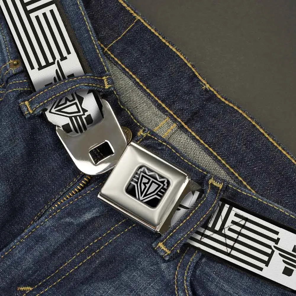 BD Wings Logo CLOSE-UP Full Color Black Silver Seatbelt Belt - BD Logo/American Stripe Flag White/Black Webbing