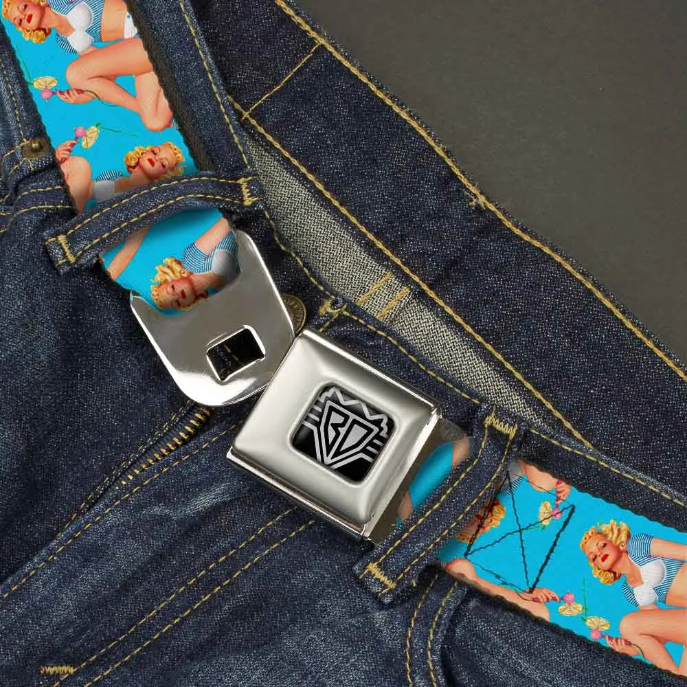 BD Wings Logo CLOSE-UP Full Color Black Silver Seatbelt Belt - Blonde Pin Up Girl Bright Blue Webbing