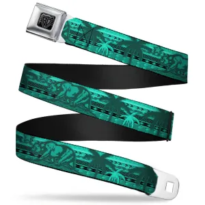 BD Wings Logo CLOSE-UP Full Color Black Silver Seatbelt Belt - Cali Bear/Palm Trees/Geometric Green Webbing