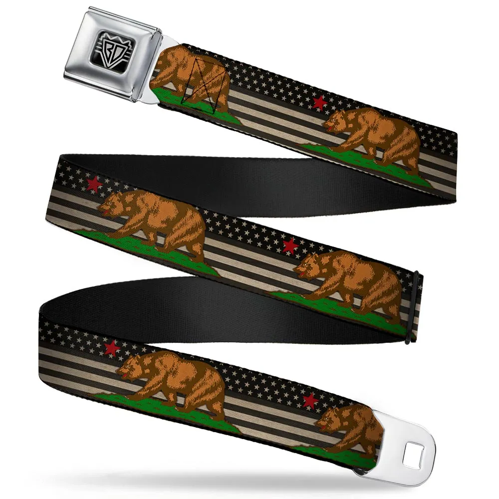 BD Wings Logo CLOSE-UP Full Color Black Silver Seatbelt Belt - Cali Bear/Star/US Flag Stretch Black/White/Red Webbing