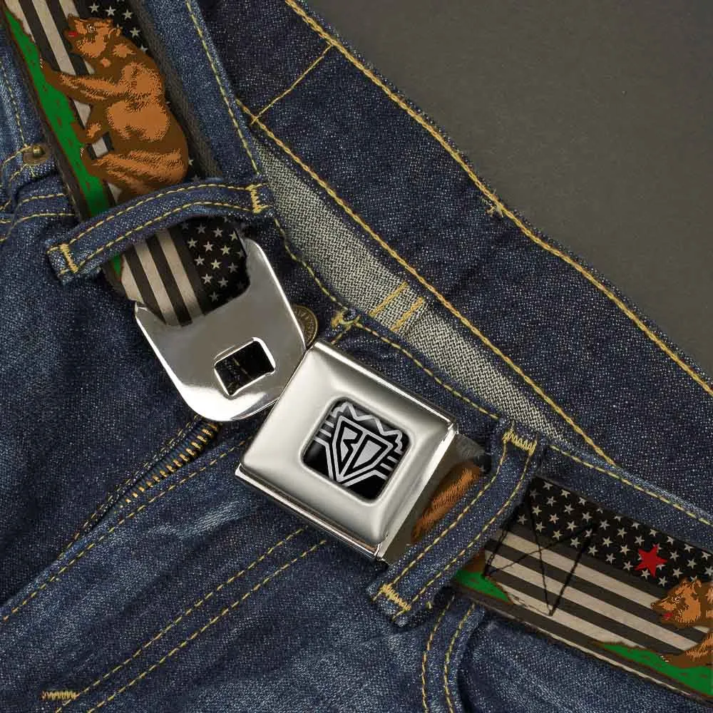 BD Wings Logo CLOSE-UP Full Color Black Silver Seatbelt Belt - Cali Bear/Star/US Flag Stretch Black/White/Red Webbing