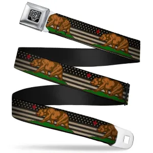 BD Wings Logo CLOSE-UP Full Color Black Silver Seatbelt Belt - Cali Bear/Star/US Flag Stretch Black/White/Red Webbing