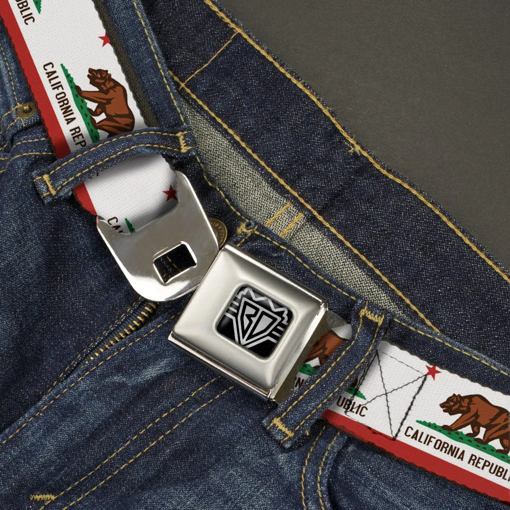BD Wings Logo CLOSE-UP Full Color Black Silver Seatbelt Belt - California State Flag White Webbing