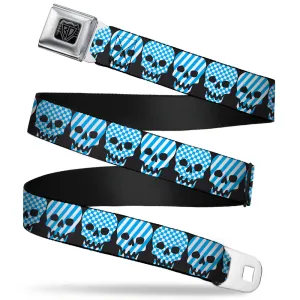 BD Wings Logo CLOSE-UP Full Color Black Silver Seatbelt Belt - Checker & Stripe Skulls Black/White/Baby Blue Webbing