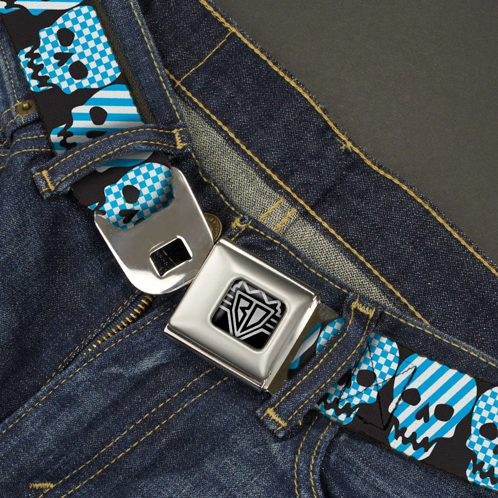 BD Wings Logo CLOSE-UP Full Color Black Silver Seatbelt Belt - Checker & Stripe Skulls Black/White/Baby Blue Webbing