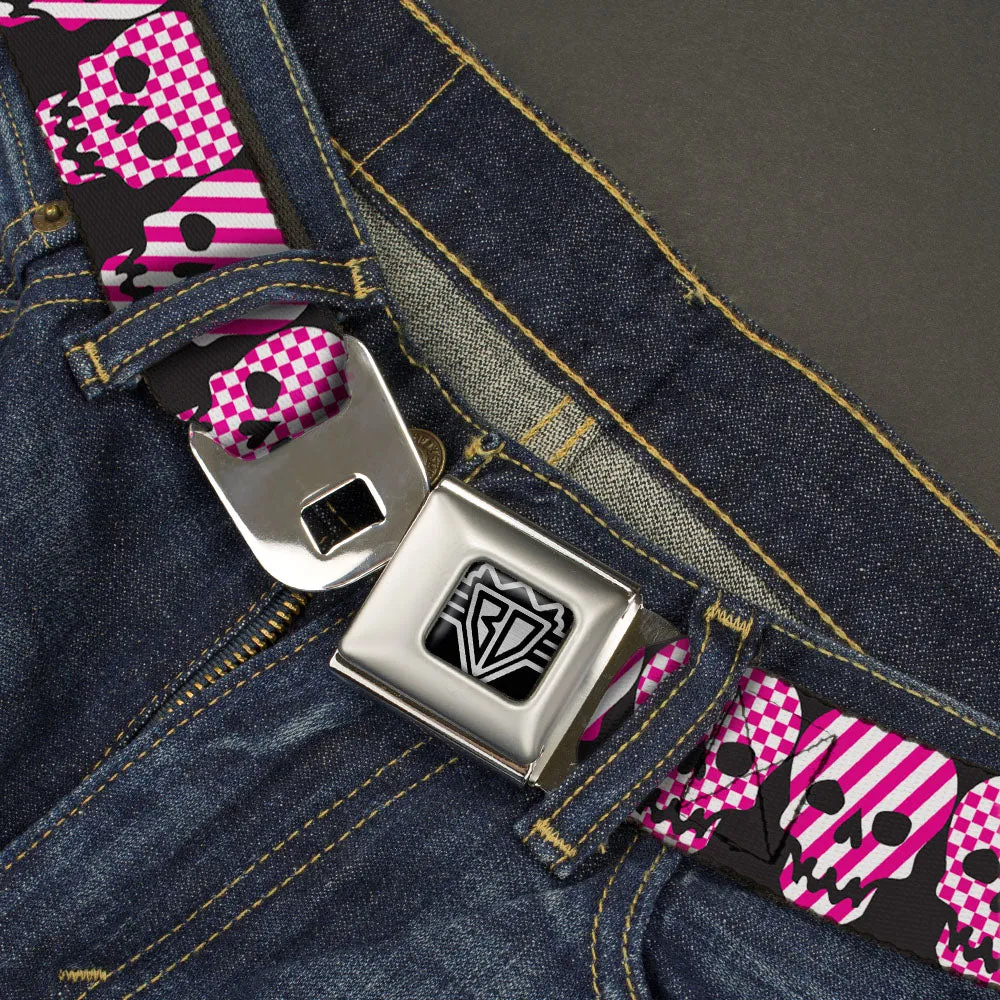 BD Wings Logo CLOSE-UP Full Color Black Silver Seatbelt Belt - Checker & Stripe Skulls Black/White/Purple Webbing