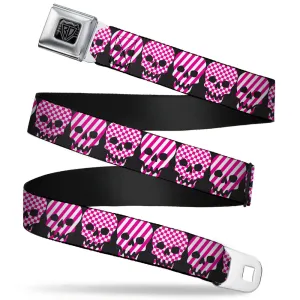 BD Wings Logo CLOSE-UP Full Color Black Silver Seatbelt Belt - Checker & Stripe Skulls Black/White/Purple Webbing