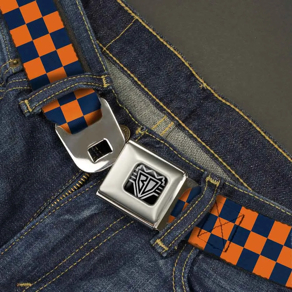 BD Wings Logo CLOSE-UP Full Color Black Silver Seatbelt Belt - Checker Orange/Dark Blue Webbing