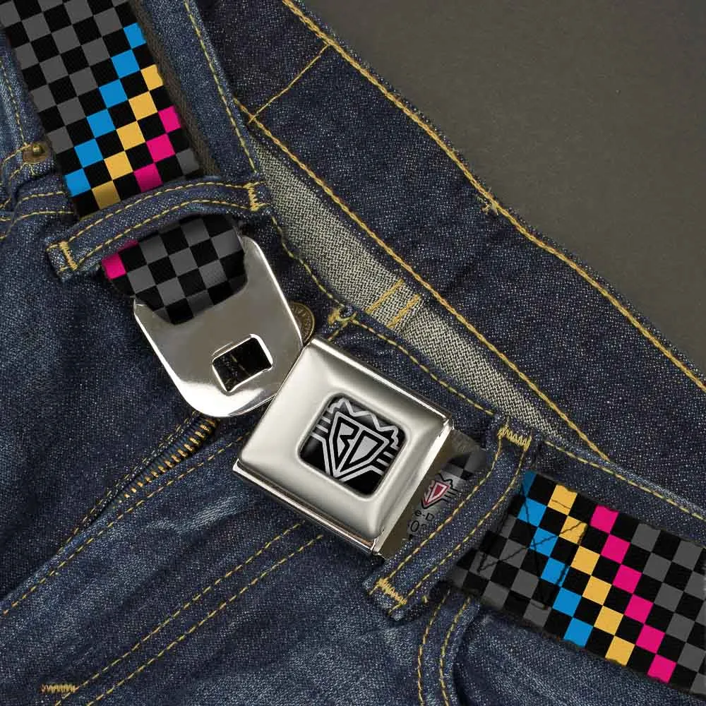 BD Wings Logo CLOSE-UP Full Color Black Silver Seatbelt Belt - Checker Stripe Black/Gray/Blue/Gold/Pink Webbing