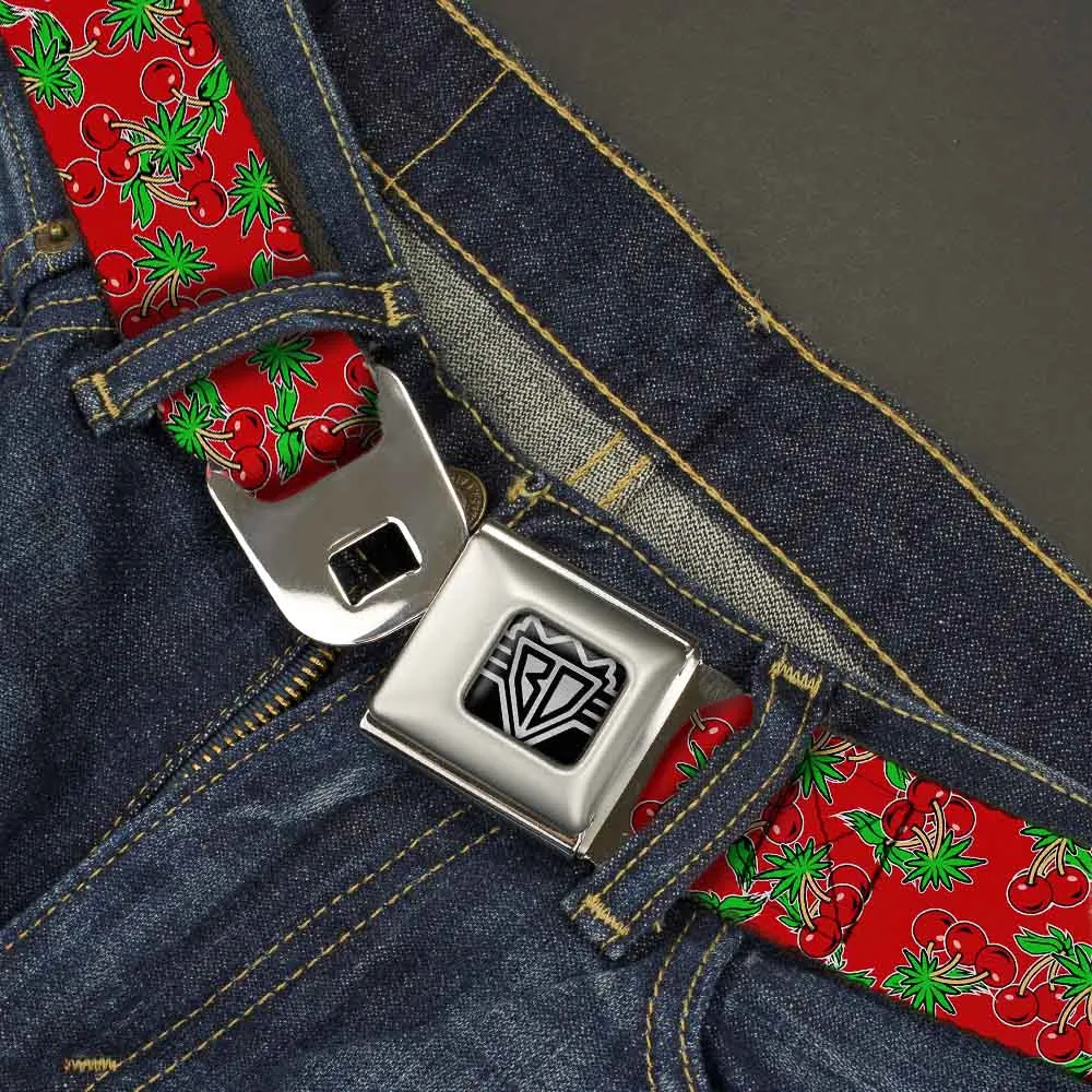 BD Wings Logo CLOSE-UP Full Color Black Silver Seatbelt Belt - Cherries2 Scattered Red Webbing