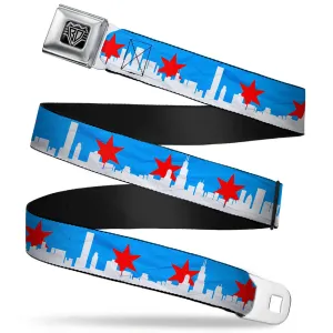 BD Wings Logo CLOSE-UP Full Color Black Silver Seatbelt Belt - Chicago Skyline/Flag Distressed Black/White/Red Webbing