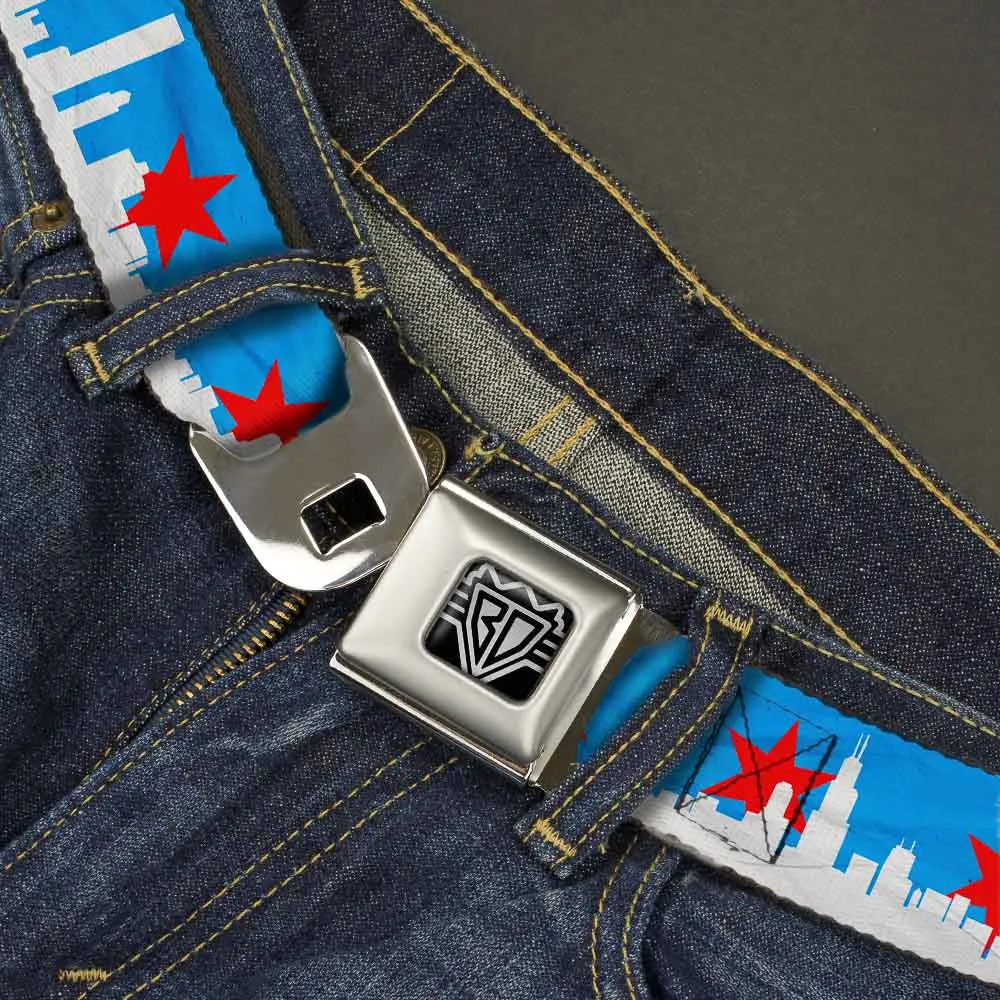 BD Wings Logo CLOSE-UP Full Color Black Silver Seatbelt Belt - Chicago Skyline/Flag Distressed Black/White/Red Webbing