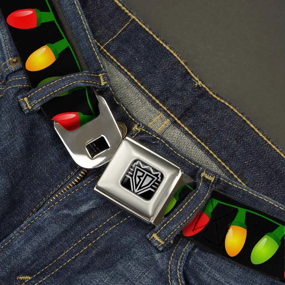 BD Wings Logo CLOSE-UP Full Color Black Silver Seatbelt Belt - Christmas Lights Black/Multi Color Webbing