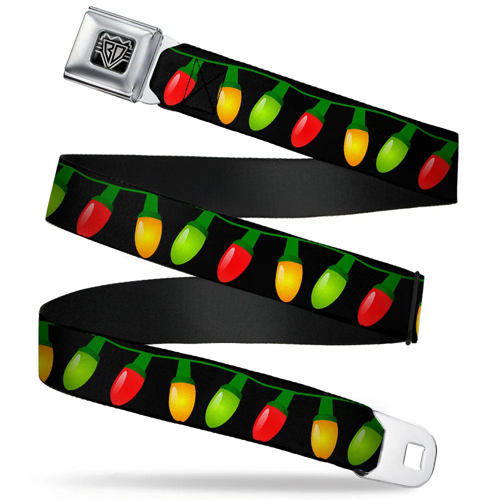 BD Wings Logo CLOSE-UP Full Color Black Silver Seatbelt Belt - Christmas Lights Black/Multi Color Webbing