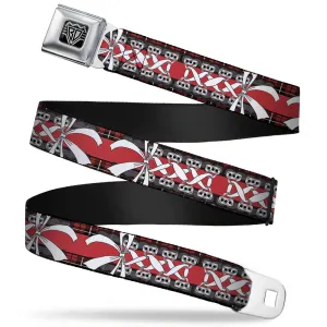 BD Wings Logo CLOSE-UP Full Color Black Silver Seatbelt Belt - Corset Lace Up w/Bow Red Plaid/Red Webbing