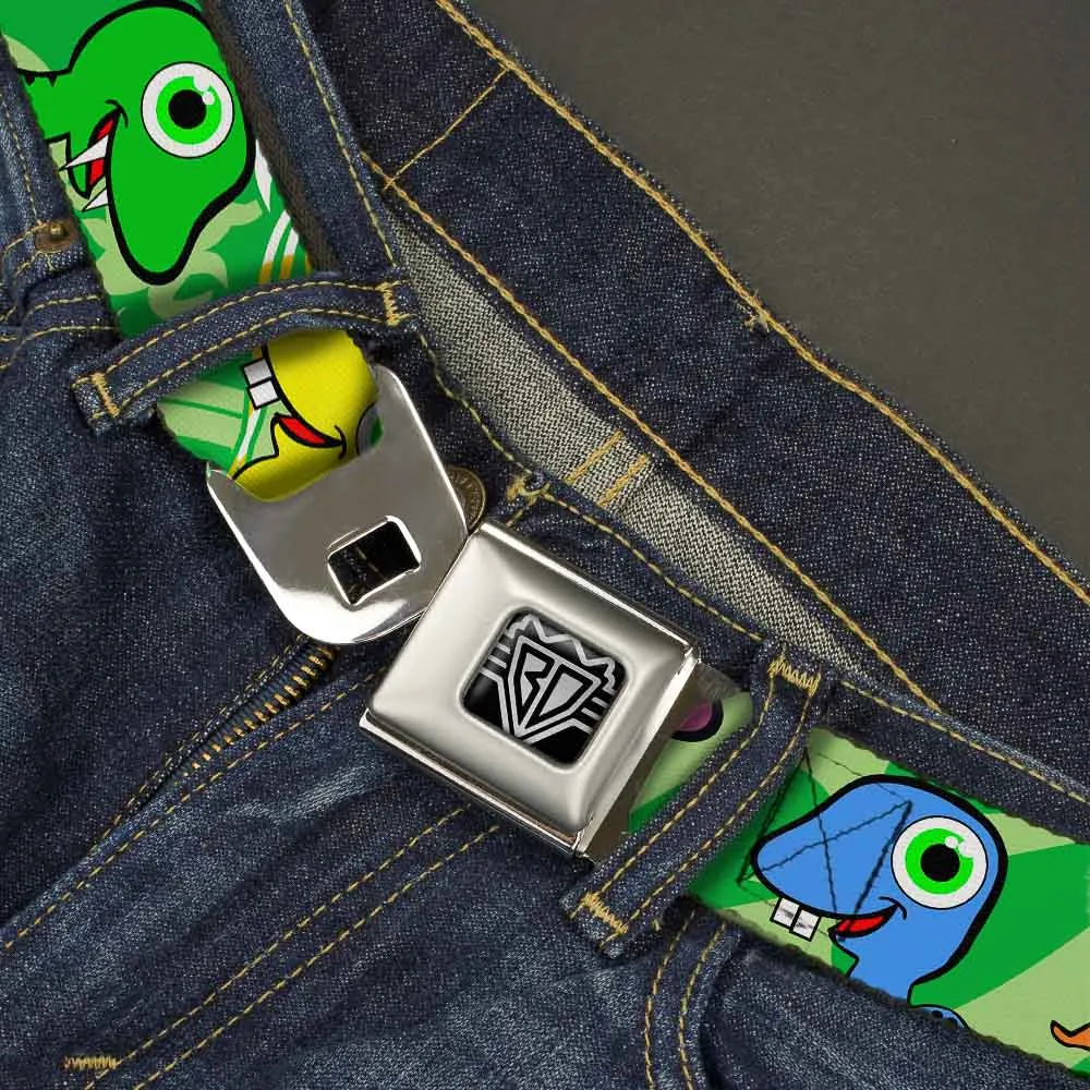 BD Wings Logo CLOSE-UP Full Color Black Silver Seatbelt Belt - Cute Dinosaurs Yellow/Green Webbing