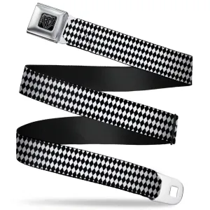 BD Wings Logo CLOSE-UP Full Color Black Silver Seatbelt Belt - Diamonds Stripe White/Black Webbing