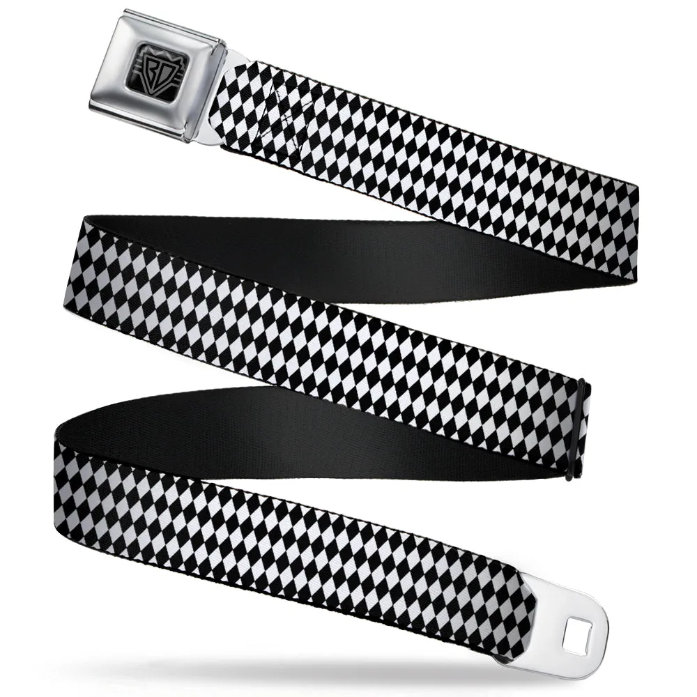 BD Wings Logo CLOSE-UP Full Color Black Silver Seatbelt Belt - Diamonds Stripe White/Black Webbing