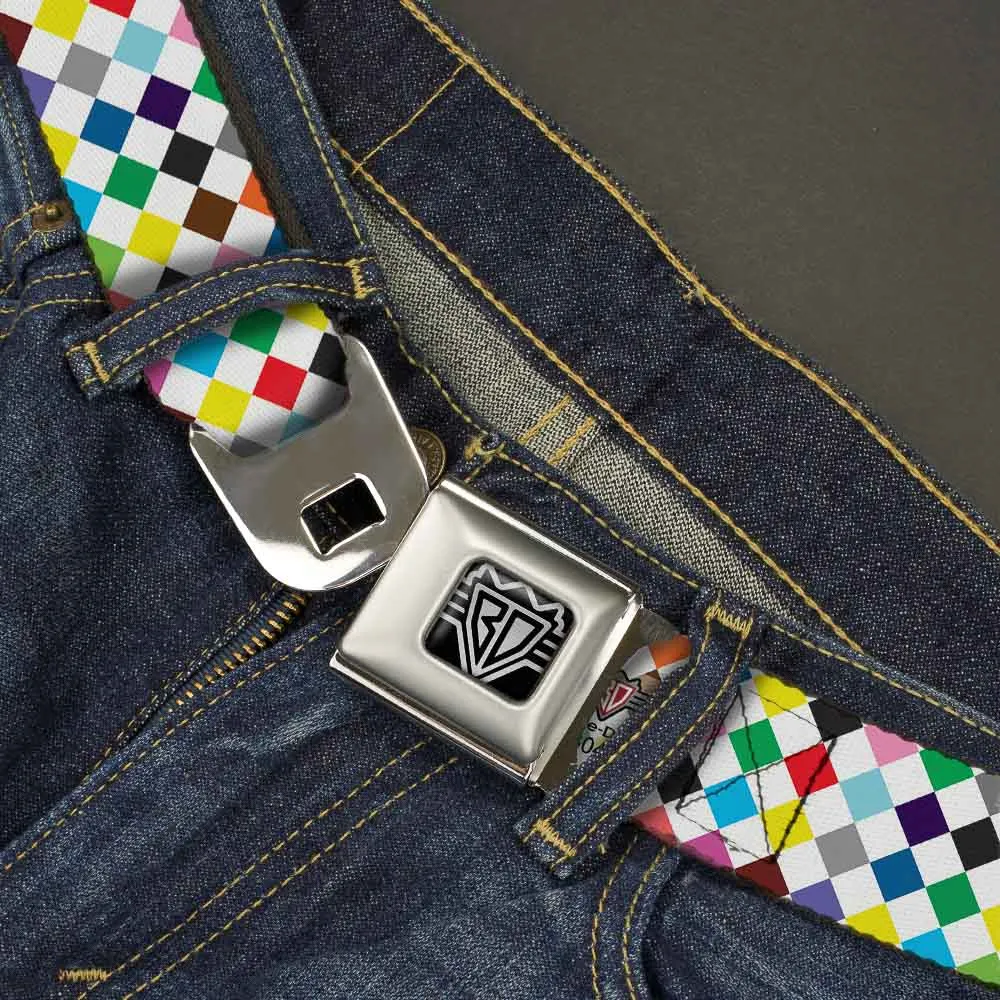 BD Wings Logo CLOSE-UP Full Color Black Silver Seatbelt Belt - Diamonds White/Multi Color Webbing