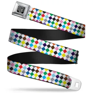 BD Wings Logo CLOSE-UP Full Color Black Silver Seatbelt Belt - Diamonds White/Multi Color Webbing
