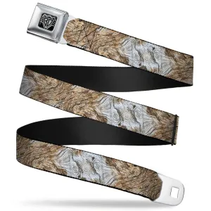 BD Wings Logo CLOSE-UP Full Color Black Silver Seatbelt Belt - Driftwood Grain Webbing