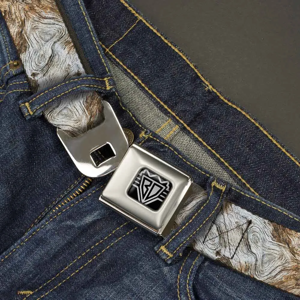 BD Wings Logo CLOSE-UP Full Color Black Silver Seatbelt Belt - Driftwood Grain Webbing