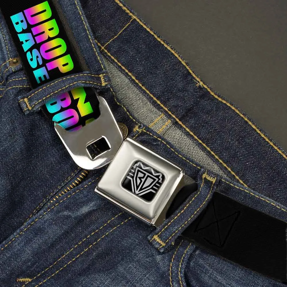 BD Wings Logo CLOSE-UP Full Color Black Silver Seatbelt Belt - DROP BASS NOT BOMBS Black/Rainbow Webbing