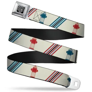 BD Wings Logo CLOSE-UP Full Color Black Silver Seatbelt Belt - Fire Hydrants/Stripes Tan/Blues/Reds Webbing