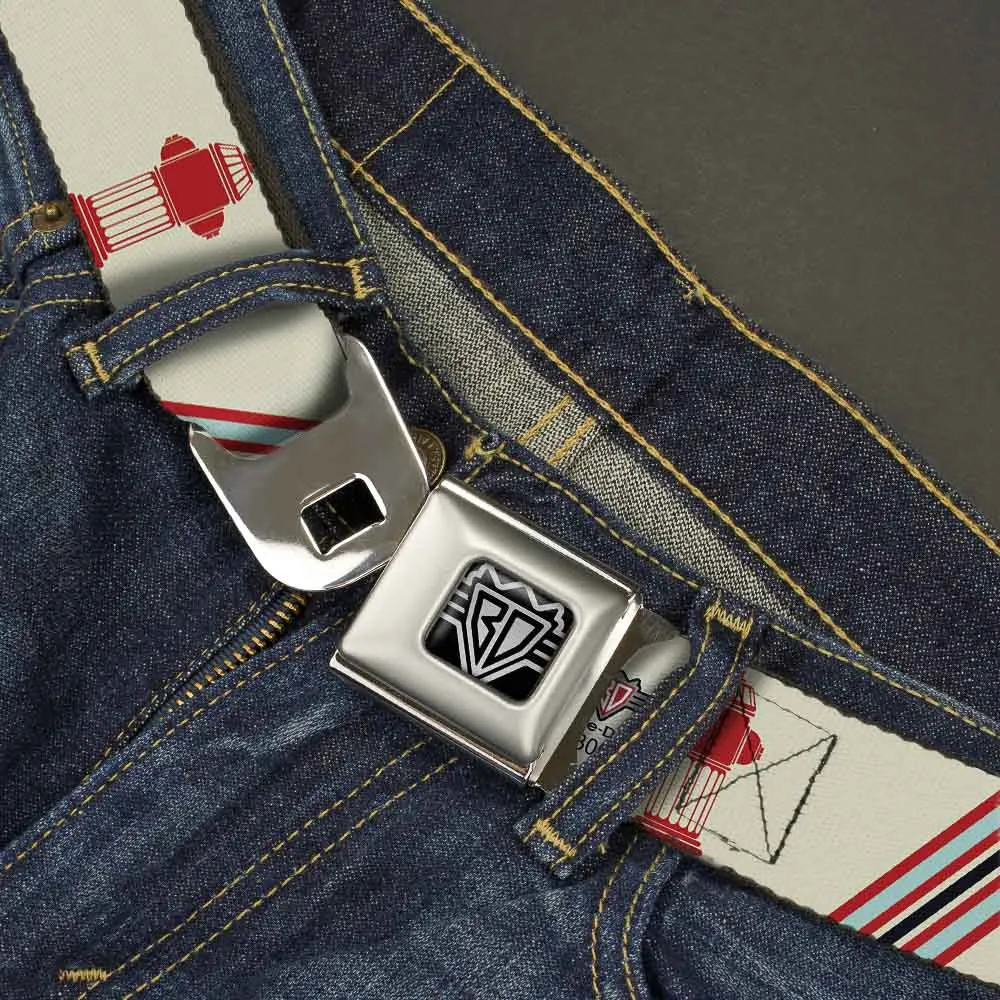 BD Wings Logo CLOSE-UP Full Color Black Silver Seatbelt Belt - Fire Hydrants/Stripes Tan/Blues/Reds Webbing