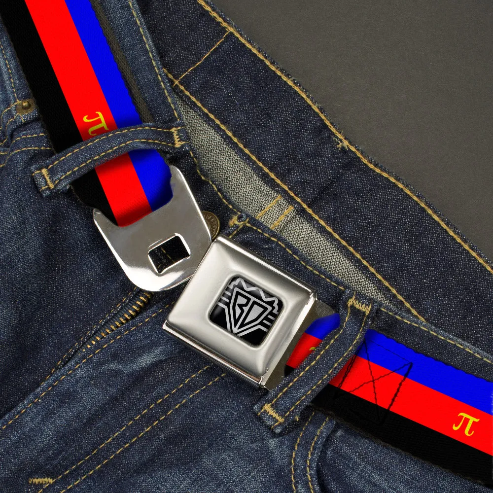 BD Wings Logo CLOSE-UP Full Color Black Silver Seatbelt Belt - Flag Polyamorous Pi Symbol Blue/Red/Black/Yellow Webbing