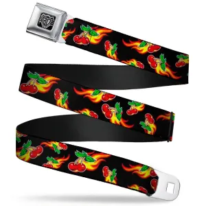 BD Wings Logo CLOSE-UP Full Color Black Silver Seatbelt Belt - Flaming Cherries Scattered Black Webbing