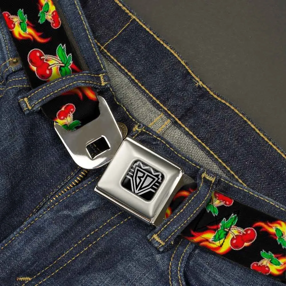 BD Wings Logo CLOSE-UP Full Color Black Silver Seatbelt Belt - Flaming Cherries Scattered Black Webbing