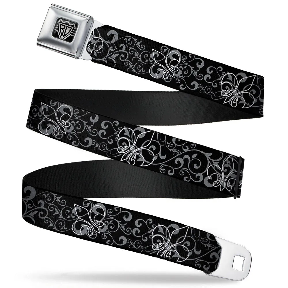 BD Wings Logo CLOSE-UP Full Color Black Silver Seatbelt Belt - Fleur-de-Lis Outline w/Filigree Black/Gray Webbing