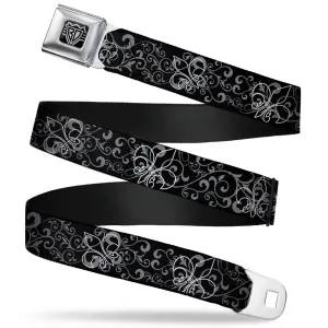 BD Wings Logo CLOSE-UP Full Color Black Silver Seatbelt Belt - Fleur-de-Lis Outline w/Filigree Black/Gray Webbing