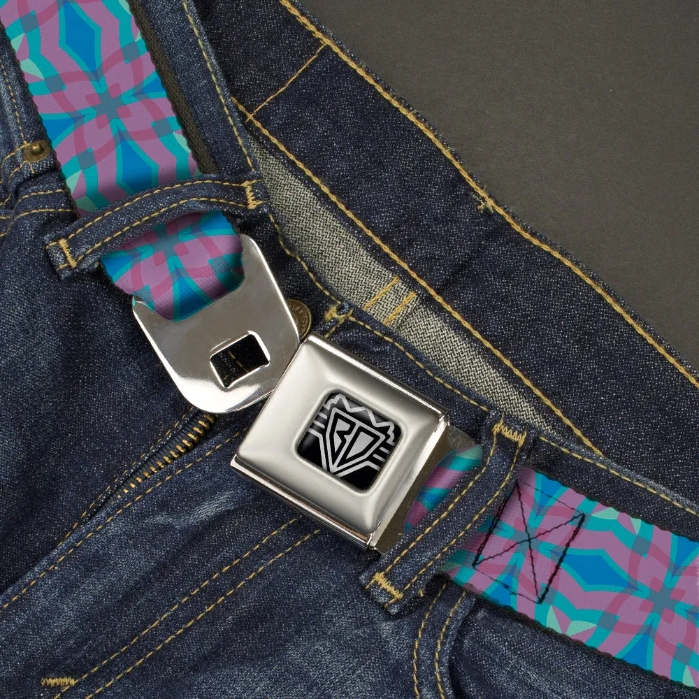 BD Wings Logo CLOSE-UP Full Color Black Silver Seatbelt Belt - Floral Kaleidoscope Blues/Pinks Webbing