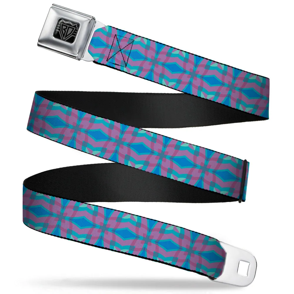 BD Wings Logo CLOSE-UP Full Color Black Silver Seatbelt Belt - Floral Kaleidoscope Blues/Pinks Webbing