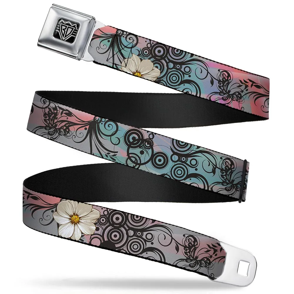 BD Wings Logo CLOSE-UP Full Color Black Silver Seatbelt Belt - Flowers w/Filigree Pink Webbing